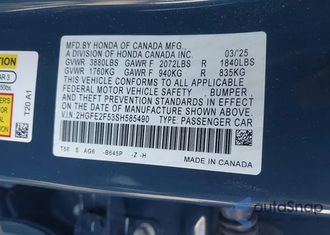 2025 Honda Civic Sport z USA, uszkodzony, nr VIN 2HGFE2F53SH585490